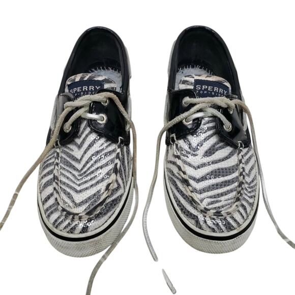 Sperry Sequin Animal Print Boat Shoes Size6 Patent Leather Lace up Black White - Picture 3 of 8
